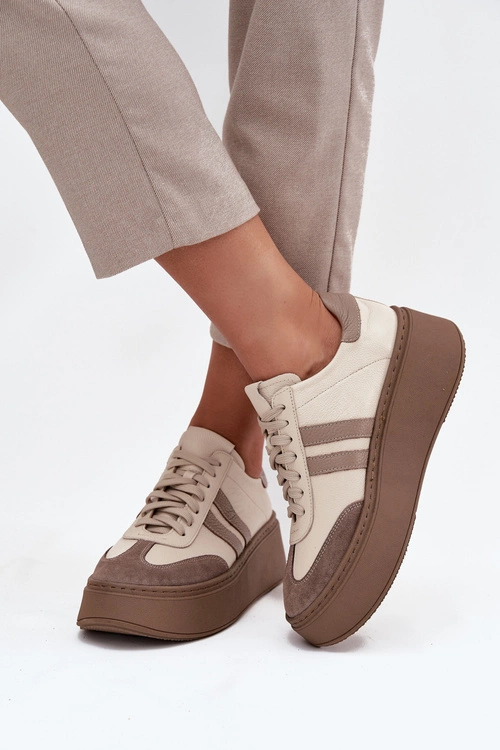 Skórzane Sneakersy Damskie Na Platformie Zazoo 3775 Beżowe