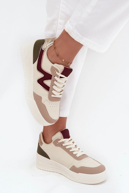Sneakersy Damskie Na Platformie Ze Złotymi Wstawkami Beżowe Zalvra