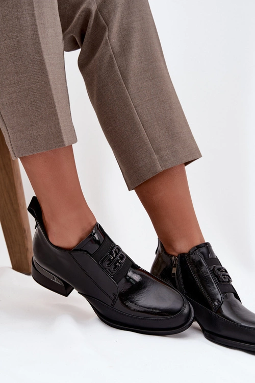 Lakierowane Skórzane Półbuty Damskie Na Niskim Obcasie Z Ozdobnym Detalem Vinceza 91161 Czarne