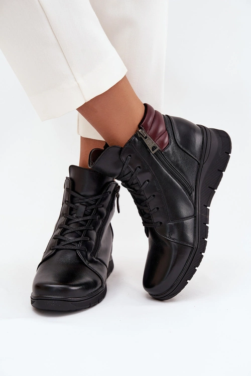 Skórzane Botki Damskie Na Koturnie Ocieplane Vinceza 39963 Czarne