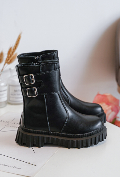 Children's Leather Boots with Buckles Black Chloraia