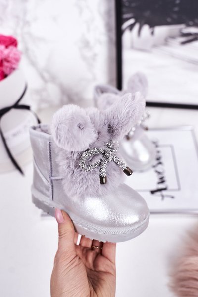 Children's Snow Boots Insulated With Fur With Ears Silver Bunny