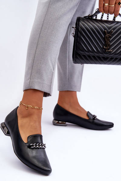 Leather Ballet Flats With Chain Flat Heel Black Lanez