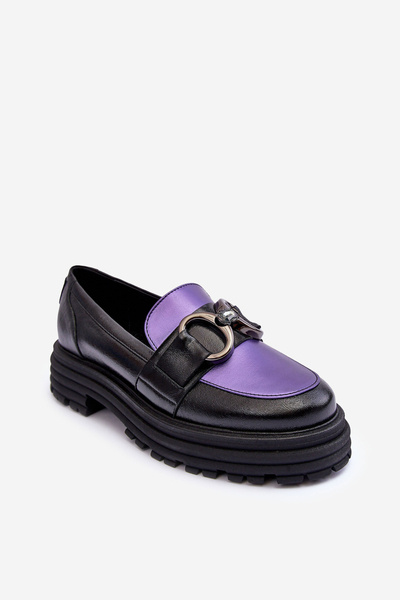 Women's Leather Loafers on Flat Heel Black-Purple Elkiza