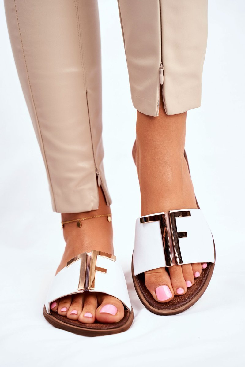 Women's Classic Leather Slippers White Adele Cheap and fashionable shoes at Butosklep.pl