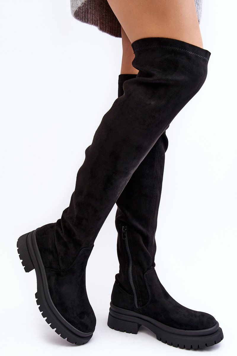 Women's Flat Heel OvertheKnee Boots Black Silune Cheap and