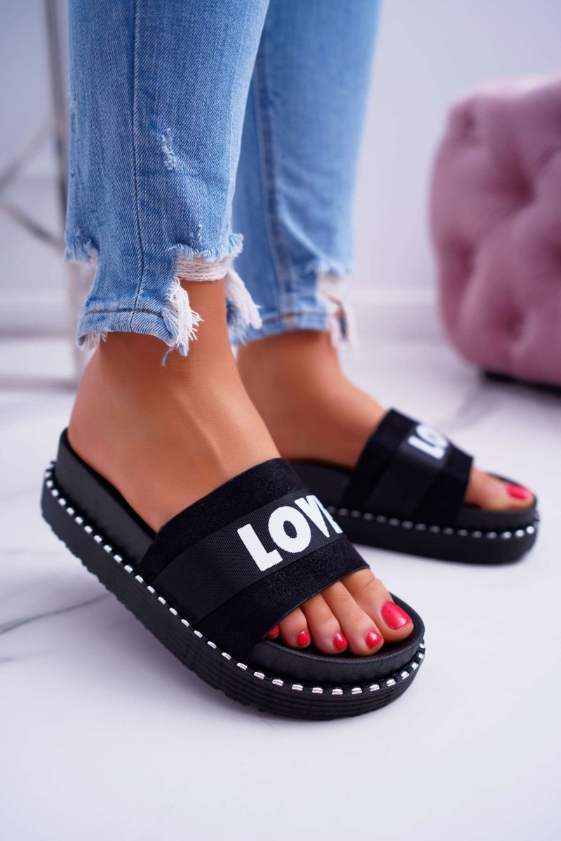 Women's Platform Flip Flops With Rhinestones Love Black MoreLove