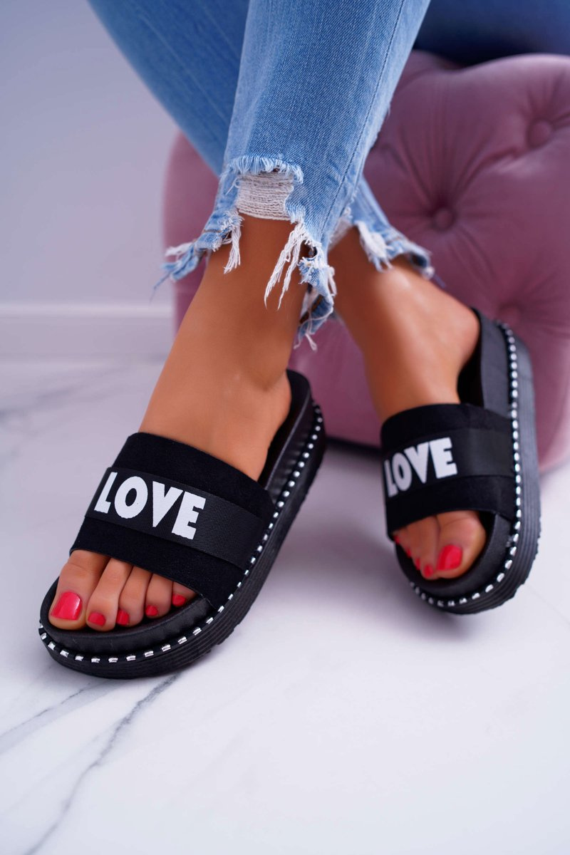 Women's Platform Flip Flops With Rhinestones Love Black MoreLove