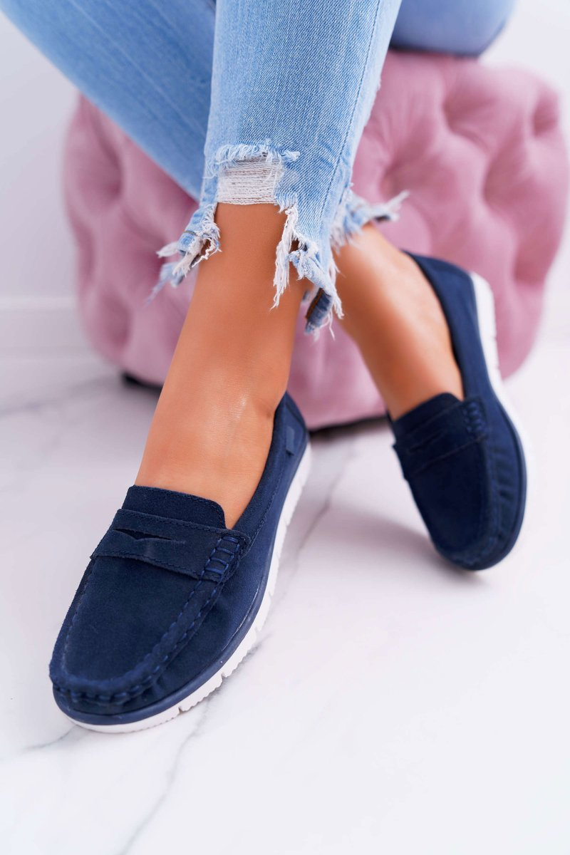 Women's Suede Leather Moccasins Navy Blue Lauren | Cheap and ...