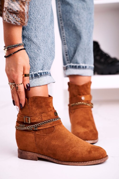 Women's Boots With Chain And Hidden Wedge Suede Camel Eliza