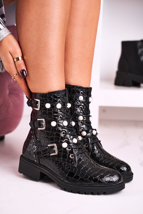 Women’s Boots With Pearls Shiny Black Animal Print Whitney