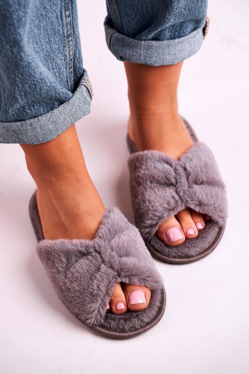 Women's Furry Slippers Grey Bow