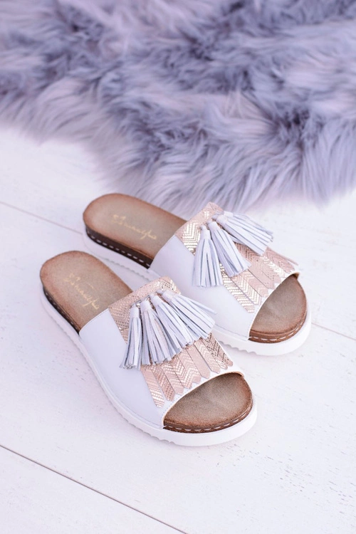 Skórzane Białe Eleganckie Klapki Maciejka Resto