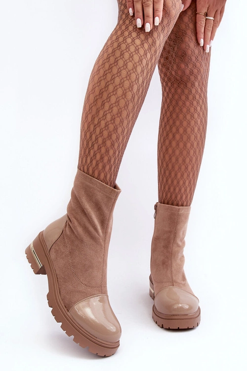 Skórzane Klasyczne Botki Na Płaskim Obcasie Beżowe Shendete