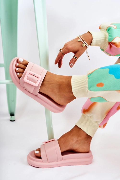 Damskie Skórzane Klapki Z Klamrą Różowe Devia