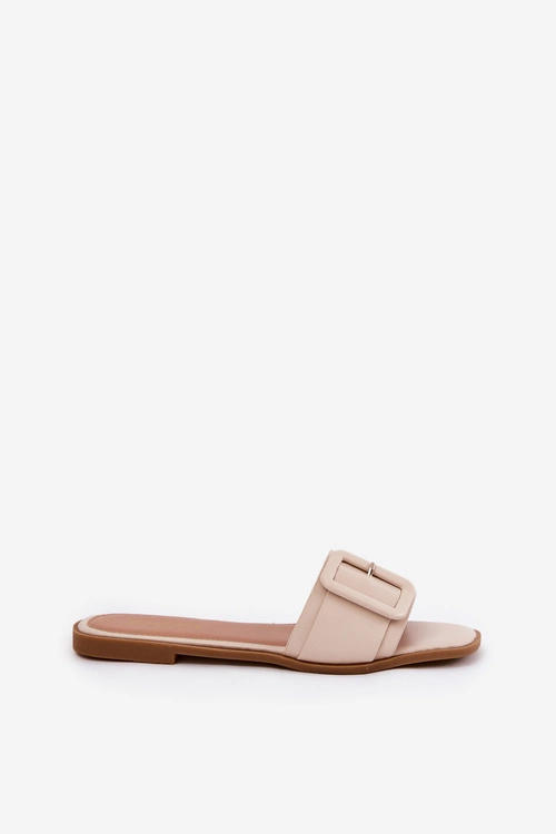 Płaskie Klapki Damskie Eko Skórzane Z Klamrą Beżowe Bamma