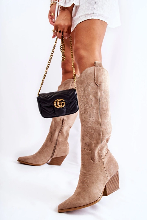 Zamszowe Kozaki Kowbojki Z Przeszyciami Ciemnobeżowe Beverly