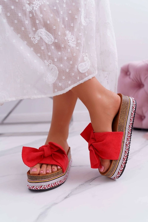 Klapki Damskie Na Platformie Z Kokardą Czerwone Chantal