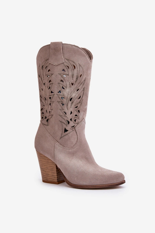 Ażurowe Kozaki Do Połowy Łydki Na Słupku Zamszowe Lewski 3609 Cappucino