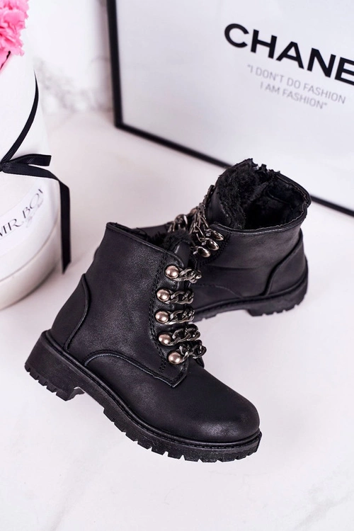 Dziecięce Ocieplane Traperki Eko Skóra Łańcuch Czarne Rock&Roll