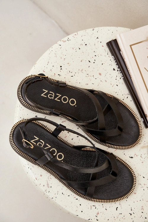 Skórzane Płaskie Sandały Z Przeplatającymi Się Paseczkami Zazoo 40429 Czarne