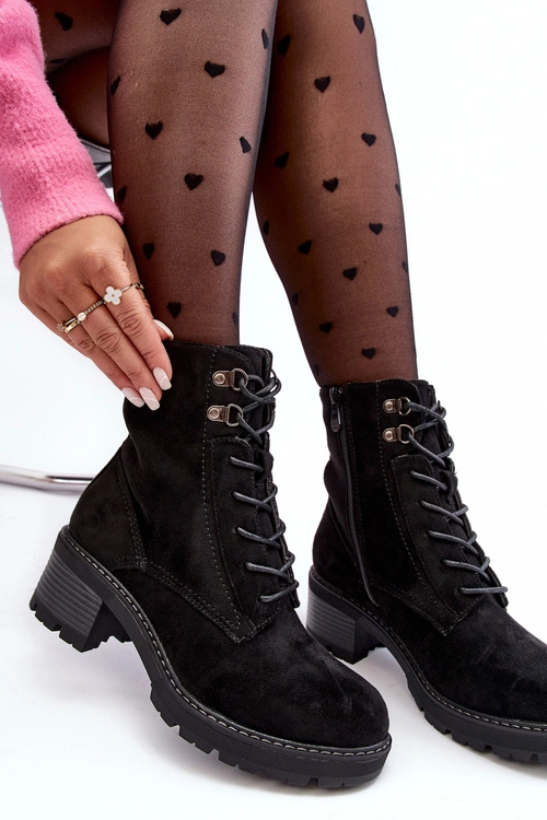 Damskie Botki Na Niskim Obcasie Sznurowane Czarne Adinail