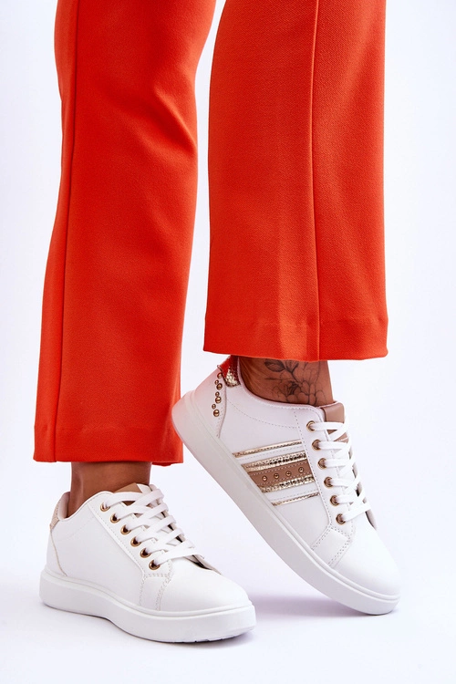 Damskie Skórzane Sneakersy Z Ćwiekami Biało-Złote Dory