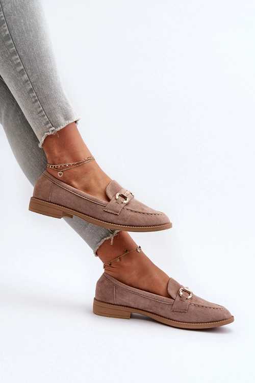 Mokasyny Damskie Na Płaskim Obcasie Z Ozdobą Ciemnobeżowe Aviole