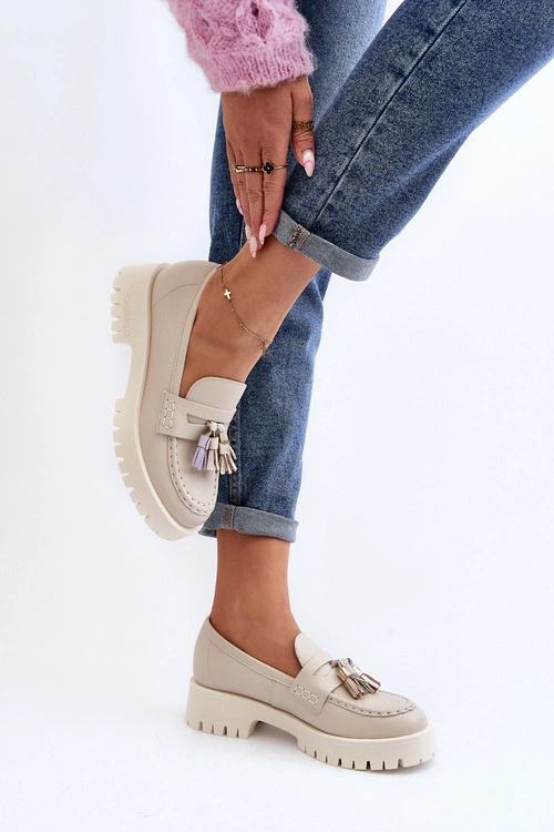 Damskie Skórzane Mokasyny Z Frędzlami CheBello 3096 Beżowe