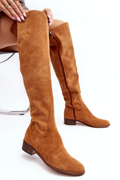 Damskie Zamszowe Kozaki Za Kolano Na Płaskim Obcasie Camel Hewanella