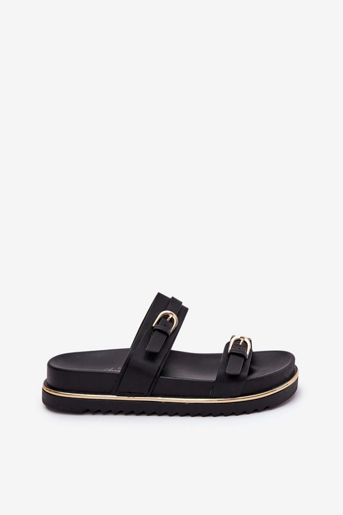 Klapki Damskie Gładkie Na Platformie Z Paskami I Klamrami Czarne Ziferte