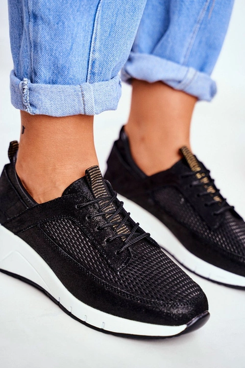 Obuwie Sportowe Damskie Skórzane Czarne Love Me