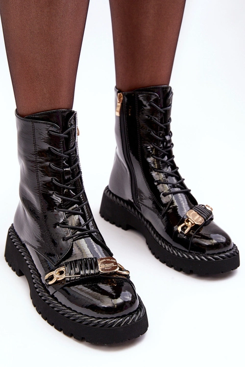 Damskie Lakierowane Botki Workery Z Ozdobą Czarne S.Barski MR870-67