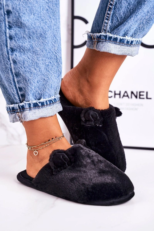 Damskie Futrzane Papcie Z Uszami Czarne Hippo