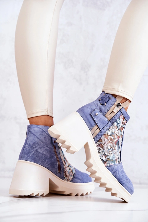 Skórzane Botki Na Masywnym Słupku Maciejka Niebieskie 05325-06