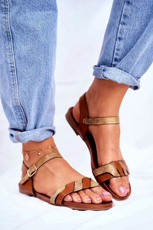 Skórzane Płaskie Sandały S.Barski Brązowo-Złote