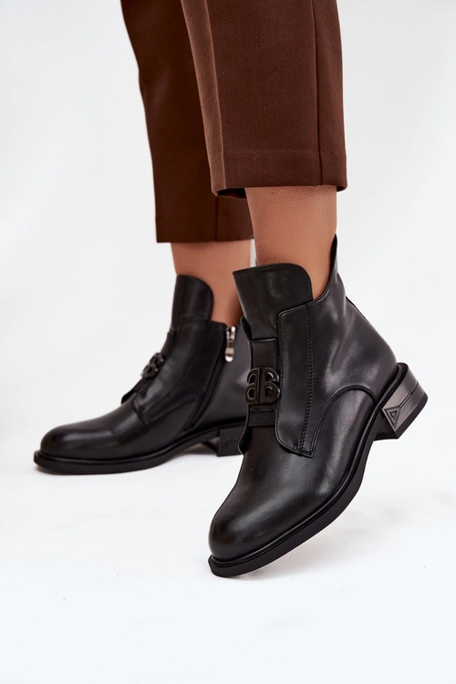 Ocieplane Skórzane Botki Damskie Z Ozdobnym Detalem Czarne Briselda