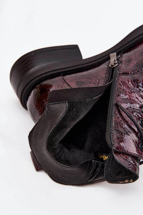 Lakierowane Skórzane Botki Damskie Na Klocku D&A LZ52-954 Bordowe