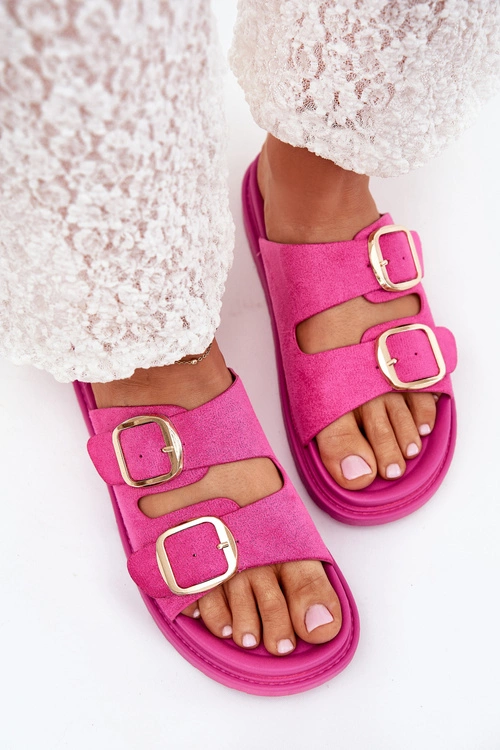 Klapki Damskie Na Platformie Ze Złotymi Klamrami Fuksja Verena 