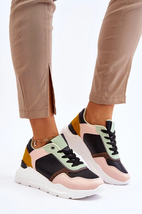 Damskie Skórzane Buty Sportowe Na Platformie Czarno-Zielone Chaya