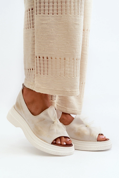 Zazoo 2939 Skórzane Sandały Damskie Z Kokardką Złoty Przecierany