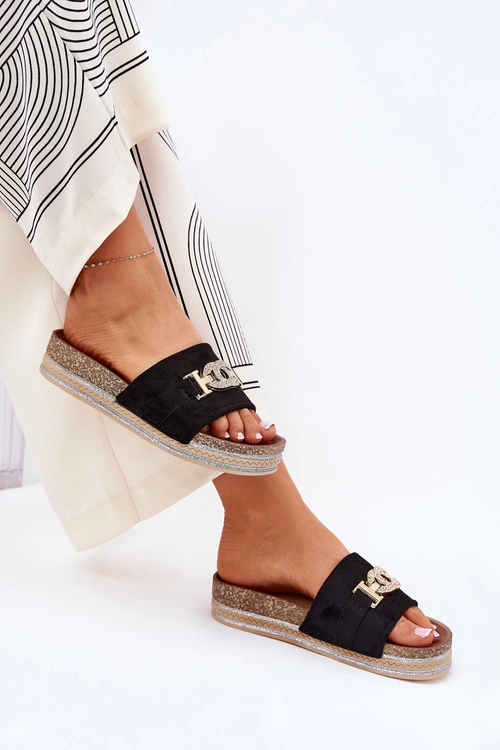 Klapki Damskie Ze Złotym Detalem Na Platformie Z Brokatem Czarne Eanes