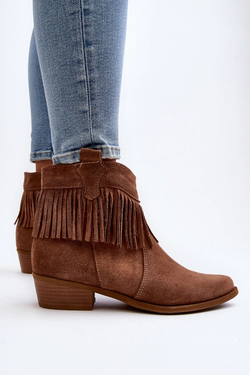 Zazoo 3430 Zamszowe Botki Damskie Z Frędzlami Camel