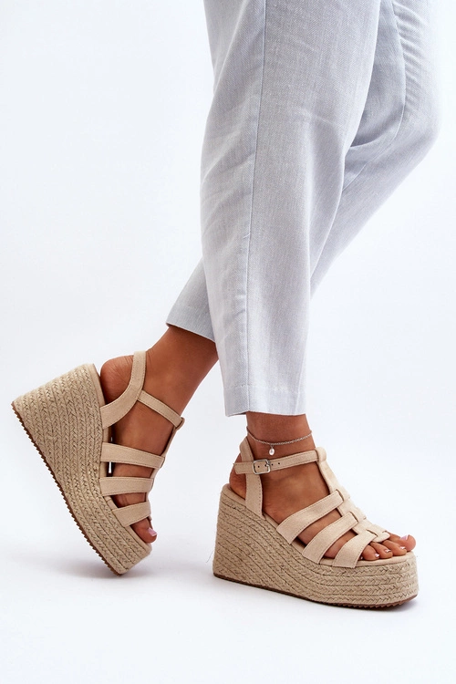 Sandały Na Koturnie Z Plecionką Beżowe Gnosis