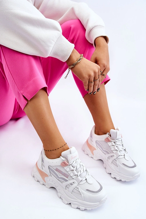 Modne Damskie Sneakersy Na Platformie Biało-Różowe Biko