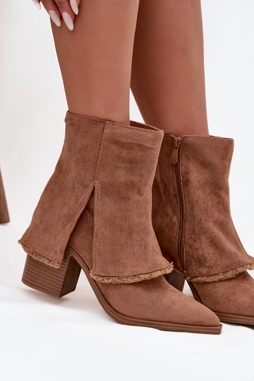 Botki Damskie Na Słupku Z Wywiniętą Cholewką Jasnobrązowe Idalia