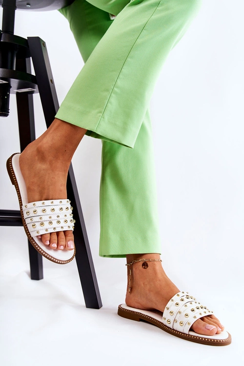 Damskie Skórzane Klapki Z Ozdobą Białe Brien