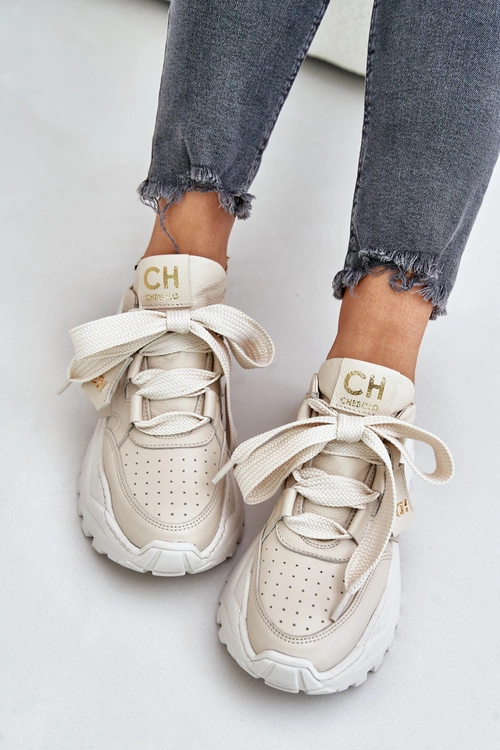 Damskie Skórzane Sneakersy Beżowe CheBello 4583