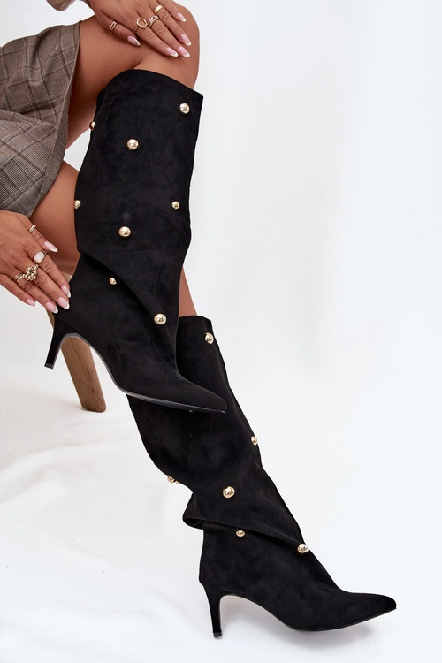 Wsuwane Kozaki Damskie Na Szpilce Ze Złotymi Ozdobami Czarne Thaliane