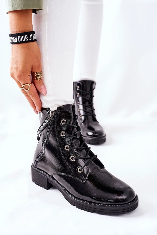 Botki Damskie Workery Lakierowane Czarne Goorey